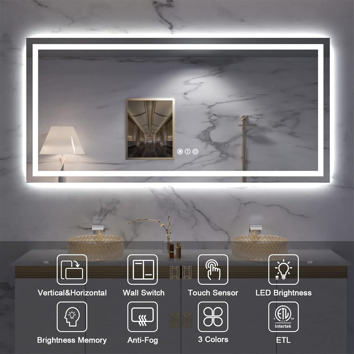 60" X 28" LED Bathroom Mirror for Wall, Backlit + Front-Lighted Vanity Mirror